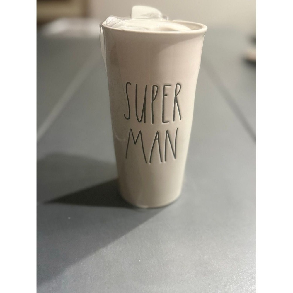 Rae Dunn SUPER MAN Ceramic Travel Mug Tumbler with Lid Cream Magenta Artisan